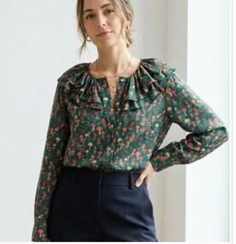 Collection silk-twill ruffle collar top in mushroom floral green small